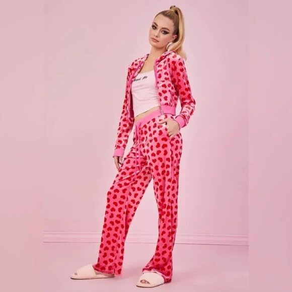 Sugar Thrillz Loyal Maneater Velour Pink Hearts Cropped Track Jacket Set Sz. M - Picture 1 of 12